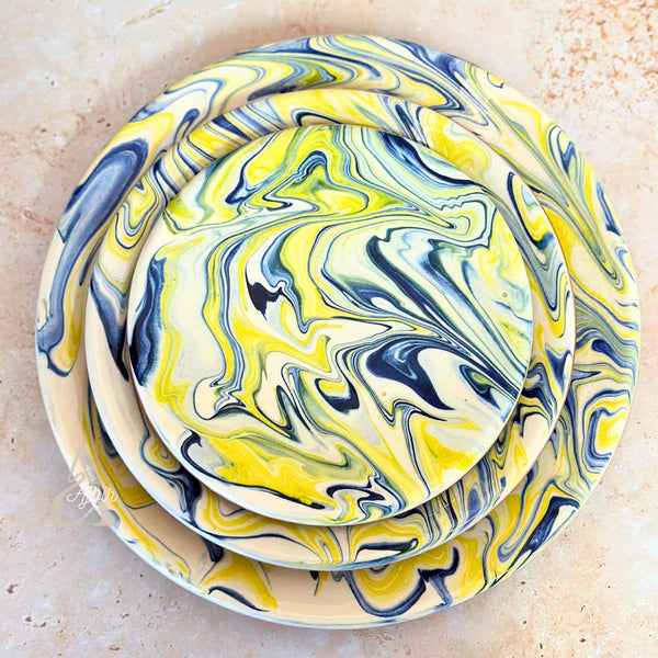 Set de 3 Assiettes Artisanales Marbrées Jaune et Bleue