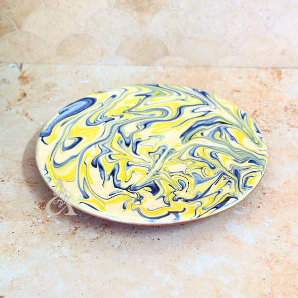 Set de 3 Assiettes Artisanales Marbrées Jaune et Bleue