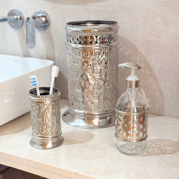 Distributeur de savon en verre et laiton argenté grand Zellige (500ml)