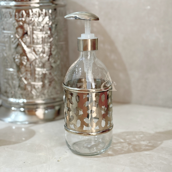 Distributeur de savon en verre et laiton argenté grand Zellige (500ml)