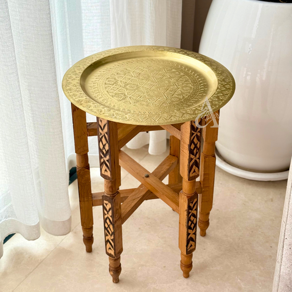 Table dorée traditionnelle artisanale Marocaine en bois et laiton 2