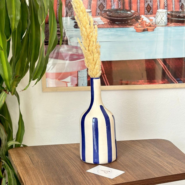 Vase bouteille bleu rayé petit - Ajbir