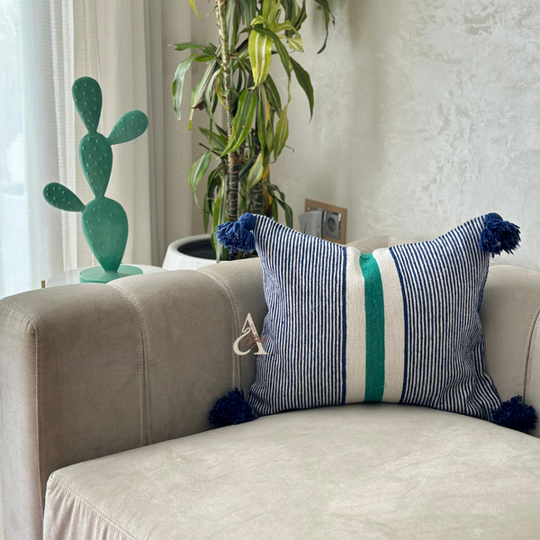 Housse de Coussin artisanale à pompons blanc à rayures bleu et vert