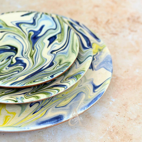 Set de 3 Assiettes Artisanales Marbrées bleu et vert
