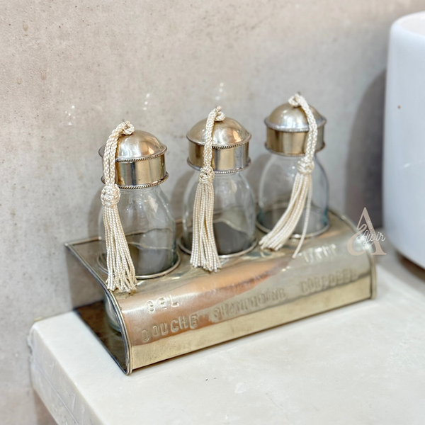 Set de 3 bouteilles en verre avec support en laiton argenté salle de bain