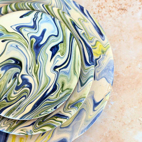 Set de 3 Assiettes Artisanales Marbrées bleu et vert