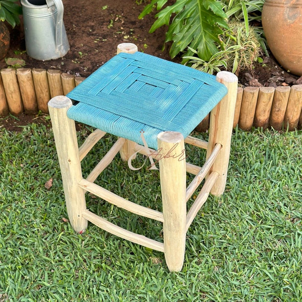 Tabouret en bois et Kittane bleu turquoise - Ajbir