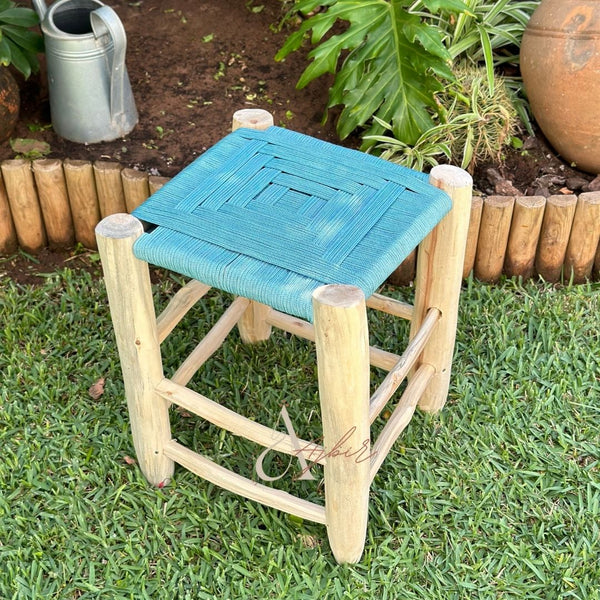 Tabouret en bois et Kittane bleu turquoise - Ajbir