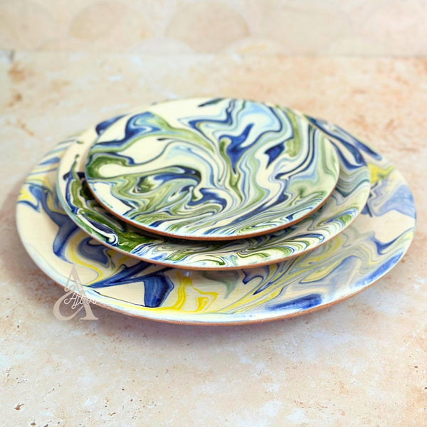Set de 3 Assiettes Artisanales Marbrées bleu et vert