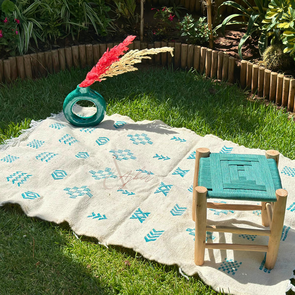 Tabouret en bois et Kittane bleu turquoise - Ajbir