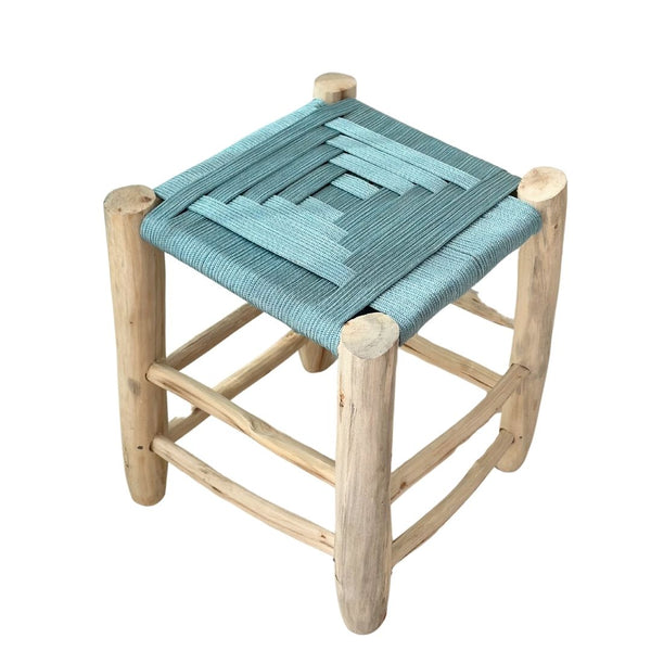 Tabouret en bois et Kittane bleu turquoise - Ajbir