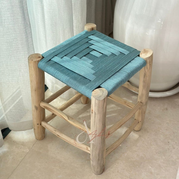 Tabouret en bois et Kittane bleu turquoise - Ajbir