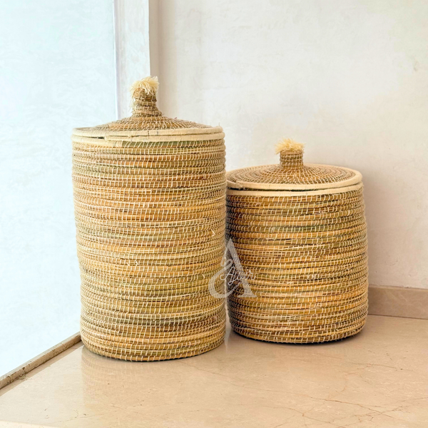 Grand panier en raphia avec couvercle | Panier à linge et rangement