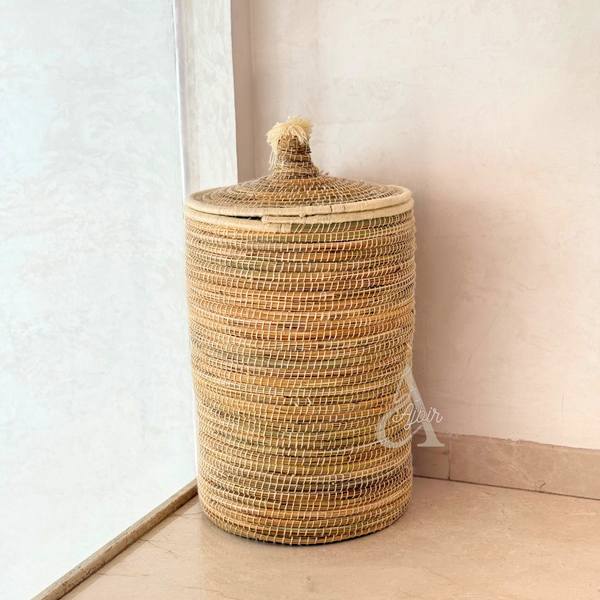 Grand panier en raphia avec couvercle | Panier à linge et rangement