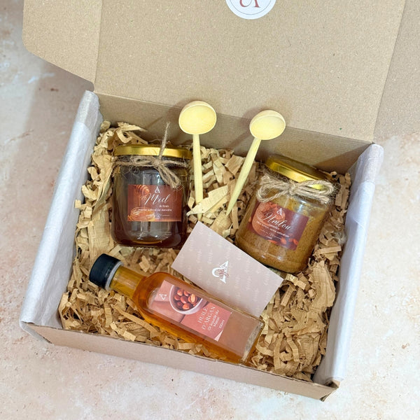 Coffret artisanal Trio d’Excellence (Miel, Amlou & Huile d’Argan)