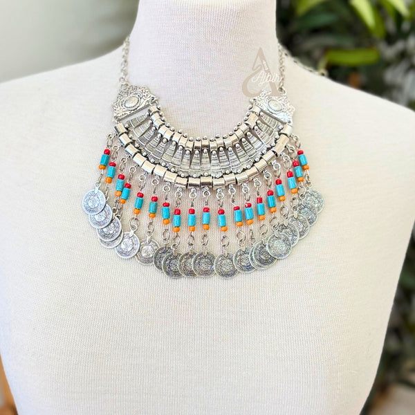Collier amazigh argenté et turquoise Dihia