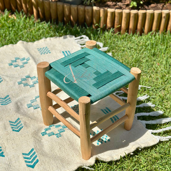 Tabouret en bois et Kittane bleu turquoise - Ajbir