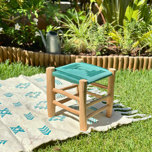 Tabouret en bois et Kittane bleu turquoise - Ajbir