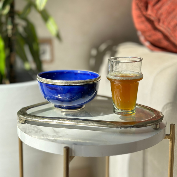 Bol bleu cerclé de métal argenté 15cm