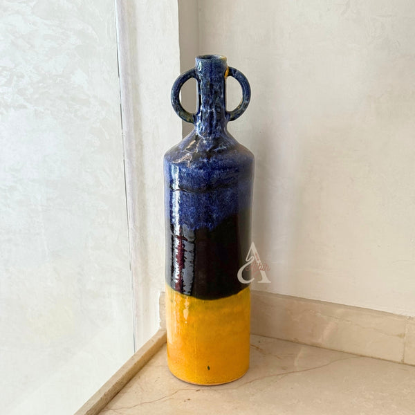 Grand Vase Artisanal Marocain Bleu Majorelle et jaune Moutarde