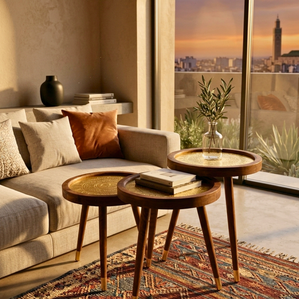 Trio de tables en bois et laiton Amanar