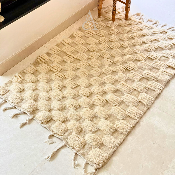Tapis berbère Beni Ouarain damier crème 100% laine de mouton - 148cm / 98cm