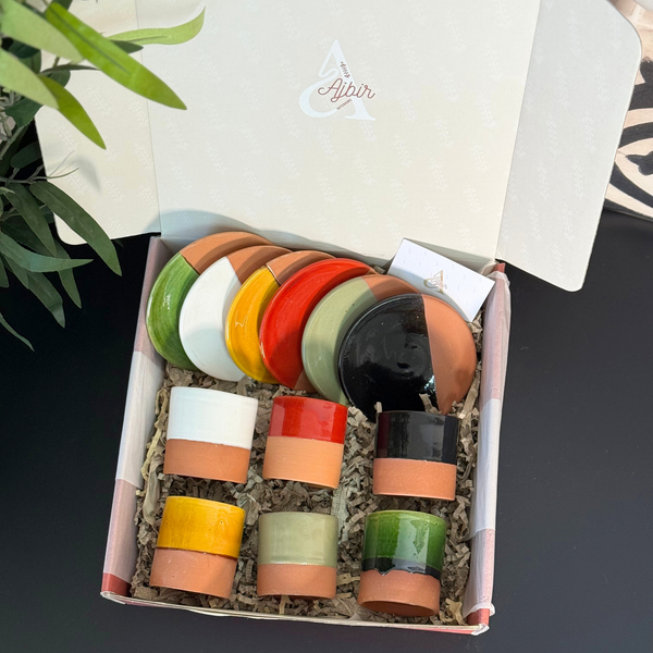 Coffret cadeau artisanal 6 tasses et sous tasses bicolores
