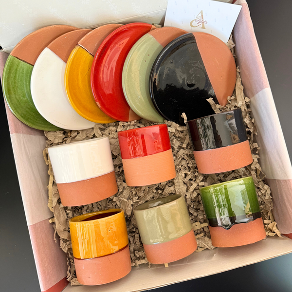 Coffret cadeau artisanal 6 tasses et sous tasses bicolores