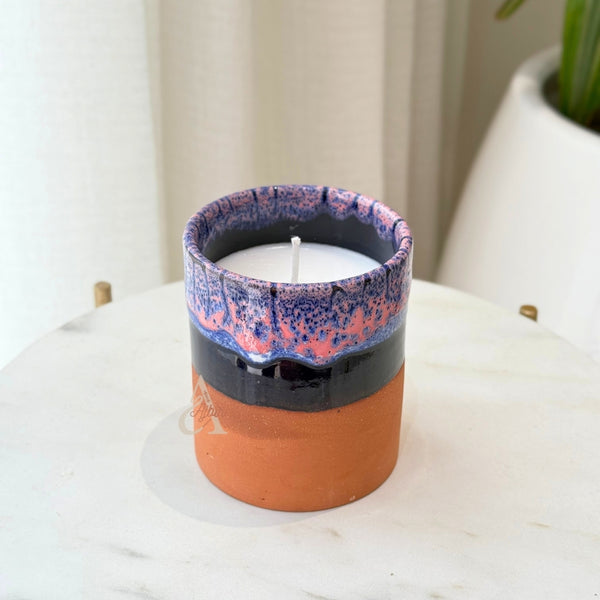 Bougie artisanale parfumée bicolore terracotta & bleu rosé
