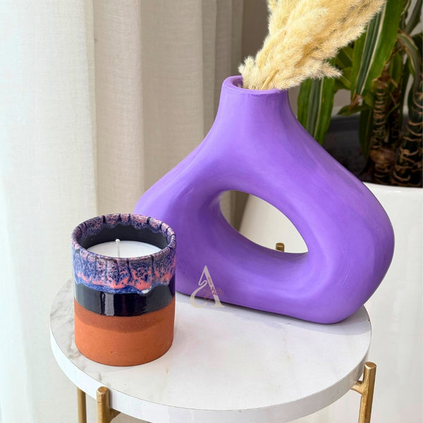 Bougie artisanale parfumée bicolore terracotta & bleu rosé