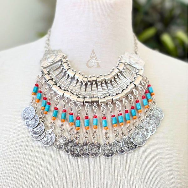Collier amazigh argenté et turquoise Dihia