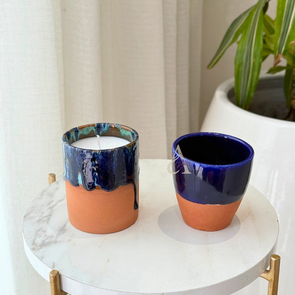 Bougie artisanale parfumée bicolore – Pot terracotta & bleu