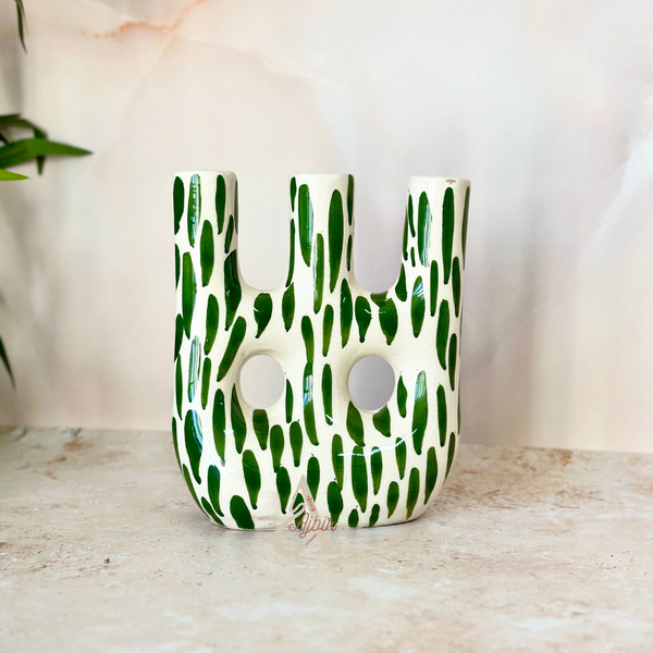 Vase artisanal Afous petit vernis vert et blanc
