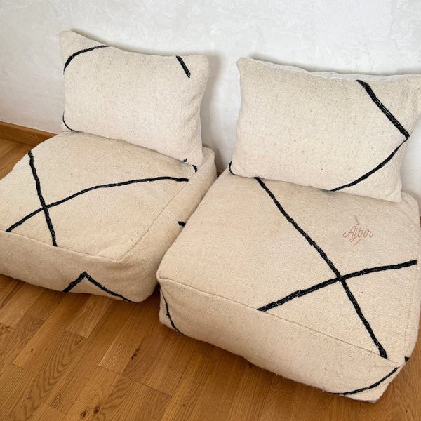 Pouf et coussin Marocains Artisanaux en Laine – Design Berbère Minimaliste