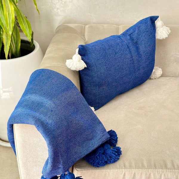 Plaid uni à pompon 90cm/180cm bleu roi - Ajbir