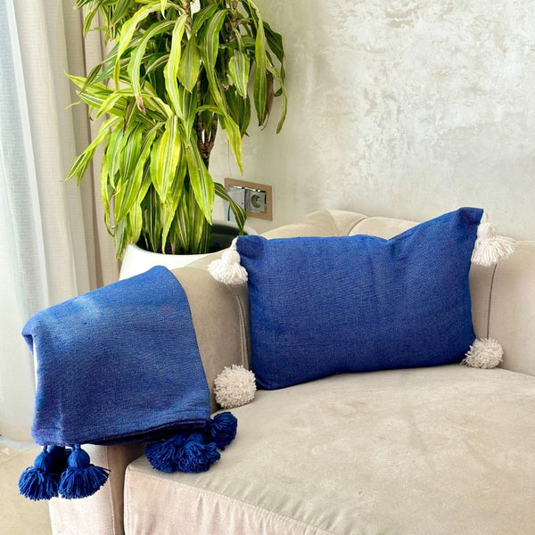 Plaid uni à pompon 90cm/180cm bleu roi - Ajbir