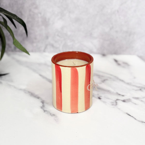 Bougie artisanale rayée en terre cuite parfum Oud