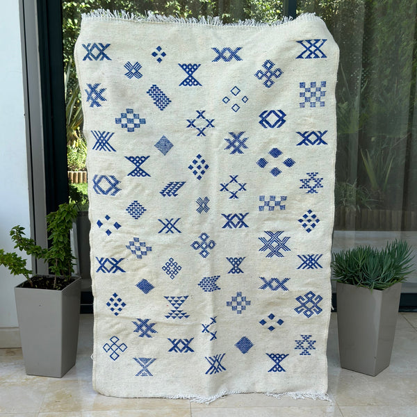Tapis berbère Hanbal bleu amazigh 100% coton - 150cm/100cm