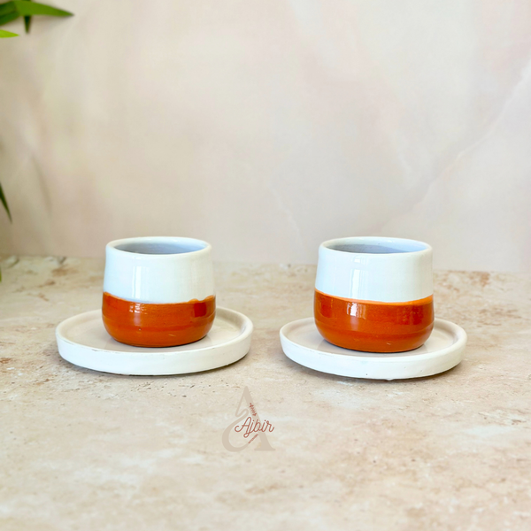 Tasse à café avec sous tasse bicolore blanc et terracota
