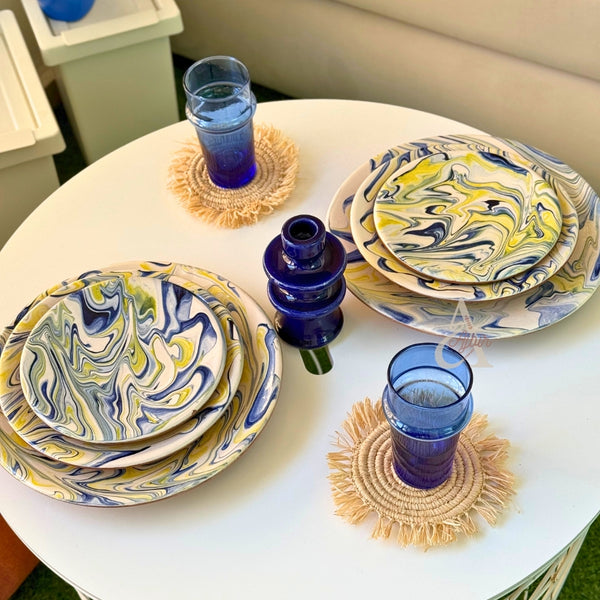 Set de 3 Assiettes Artisanales Marbrées Jaune et Bleue