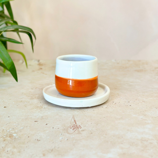 Tasse à café avec sous tasse bicolore blanc et terracota