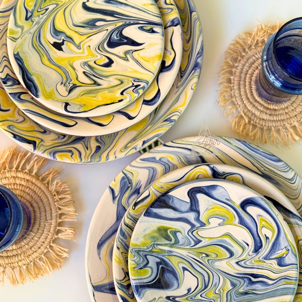 Set de 3 Assiettes Artisanales Marbrées Jaune et Bleue