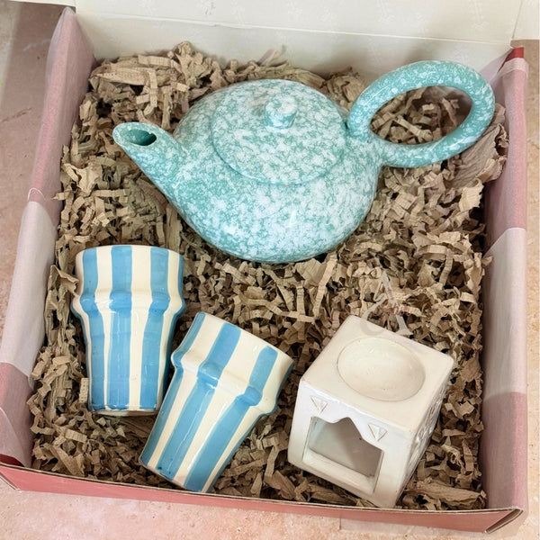 Coffret cadeau artisanal théière bleu ciel