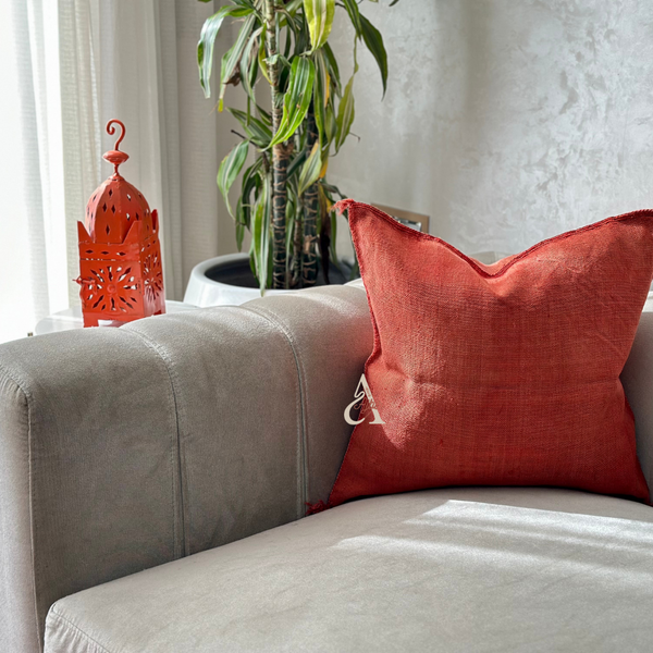 Grande housse de coussin artisanale Sabra (soie de cactus) saumon foncé