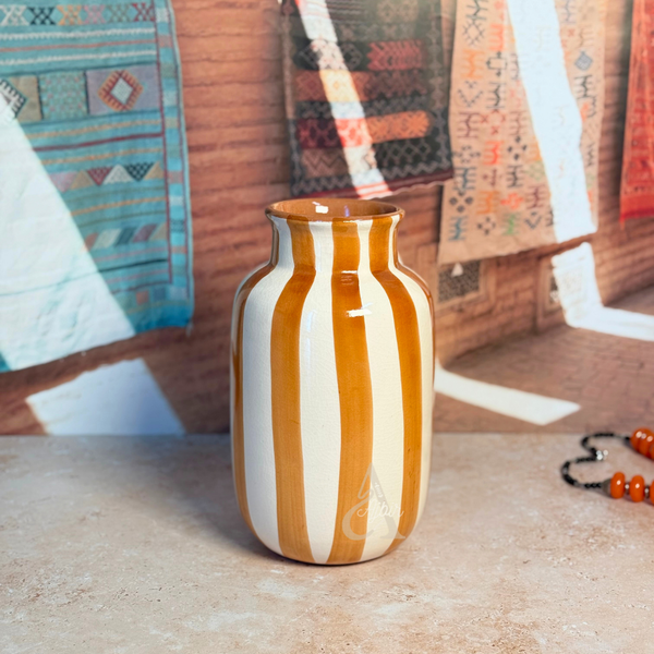 Vase Rayé Crème & Marron Clair en céramique artisanale