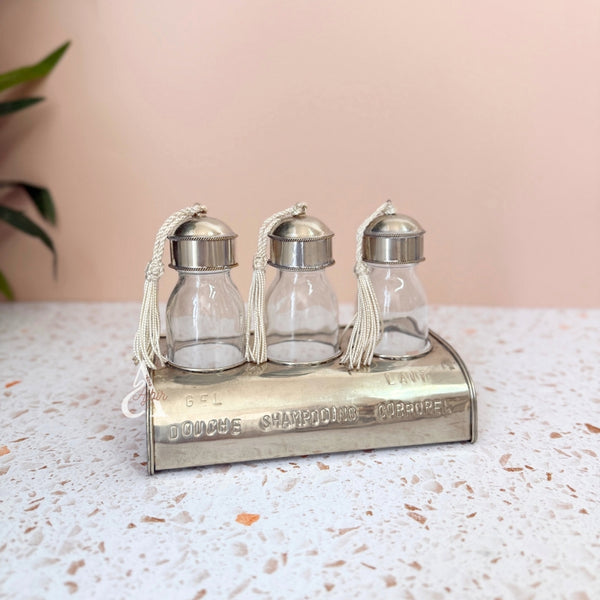 Set de 3 bouteilles en verre avec support en laiton argenté salle de bain