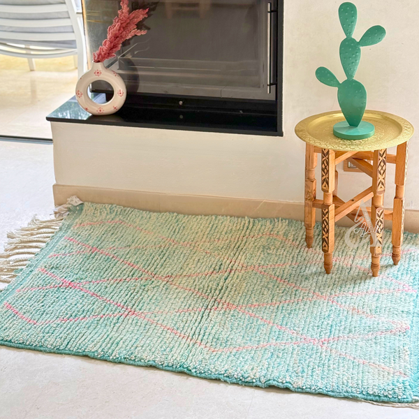 Tapis berbère Beni Ouarain turquoise et rose 100% laine de mouton - 143cm / 97cm