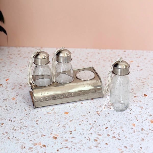 Set de 3 bouteilles en verre avec support en laiton argenté salle de bain