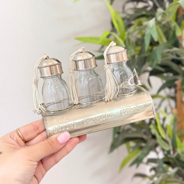 Set de 3 bouteilles en verre avec support en laiton argenté salle de bain