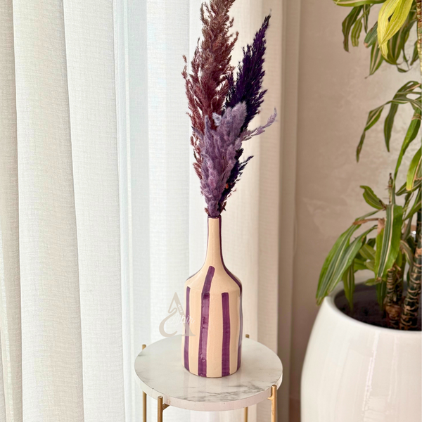 Vase artisanal bouteille mauve rayé